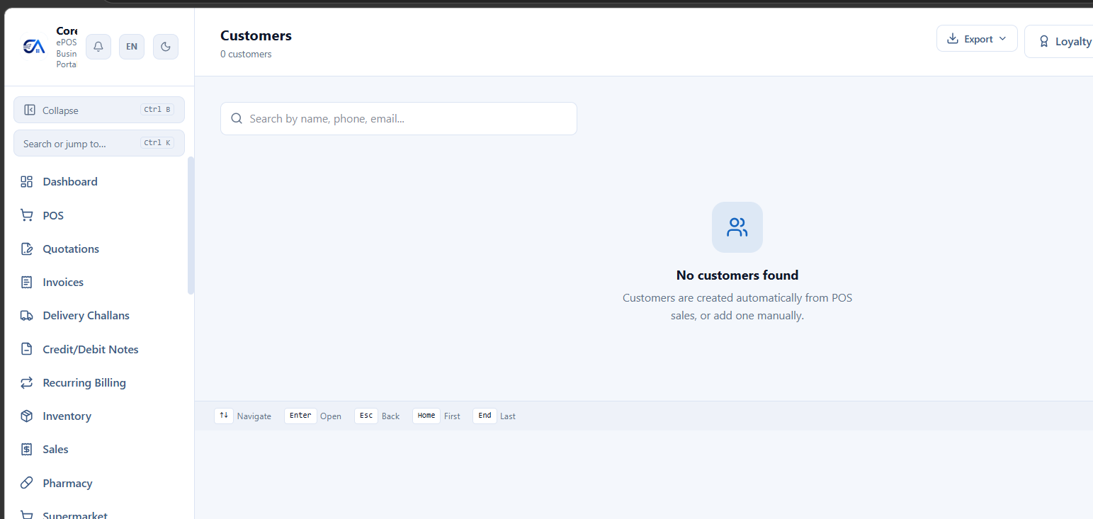CRM screen — customer directory with search, export, and loyalty features