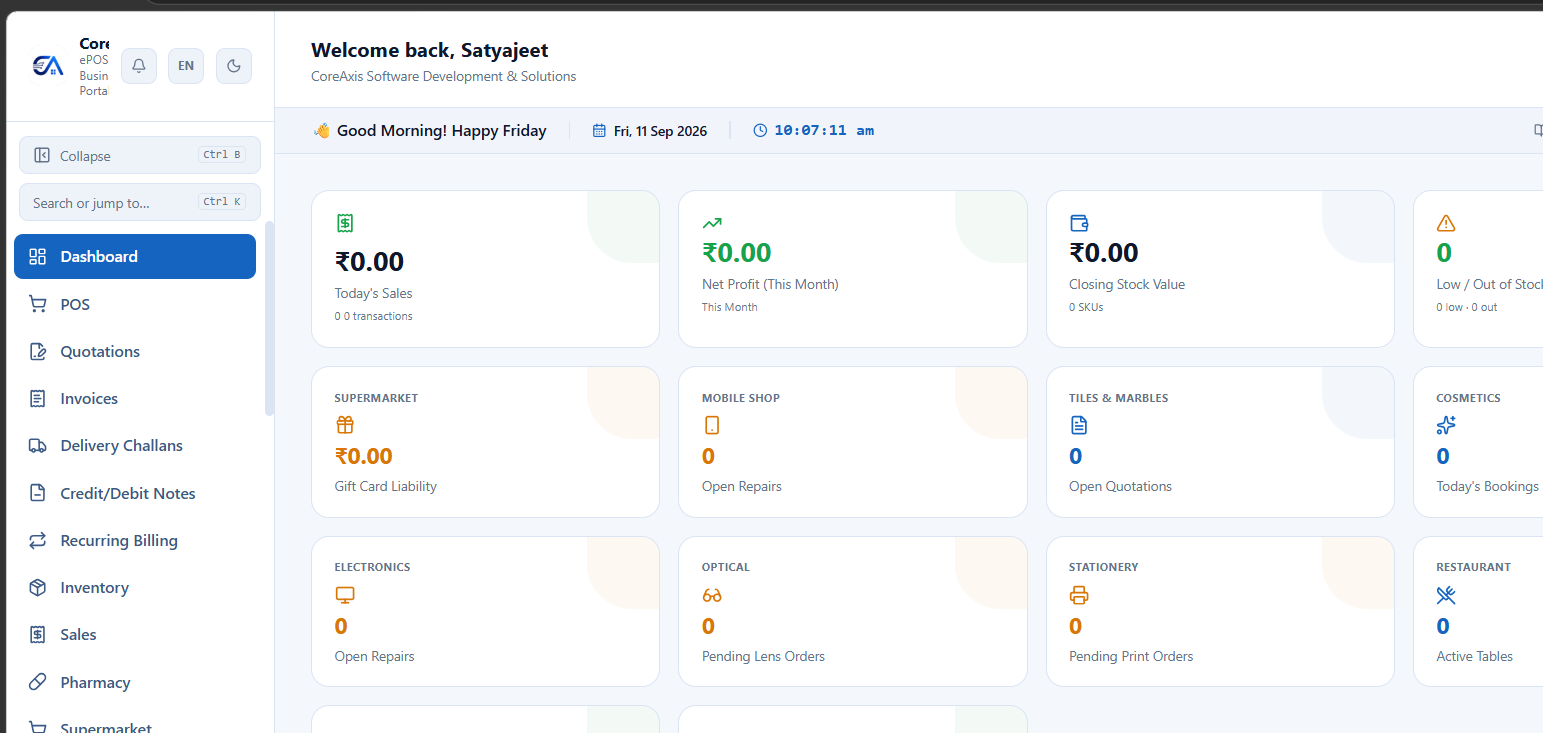 Dashboard — real-time overview of sales, profit, stock, and industry-specific KPIs