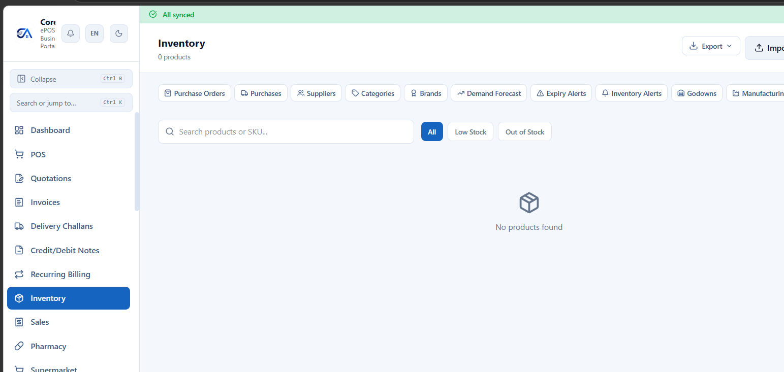 Inventory screen — manage products, purchase orders, suppliers, categories, and stock alerts