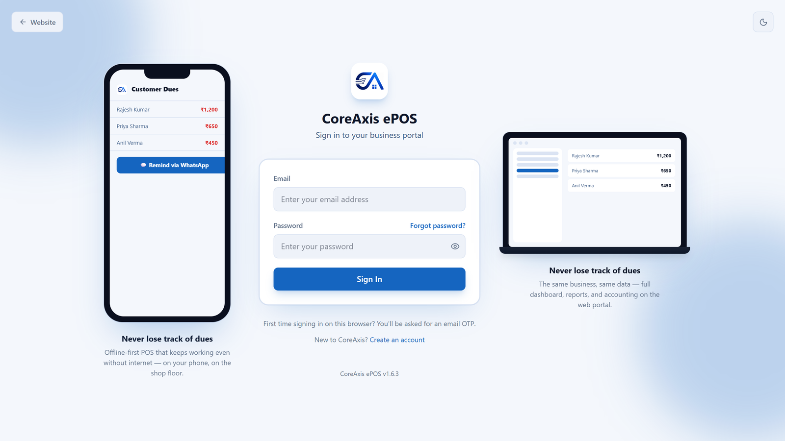 Login screen — sign in to your business portal