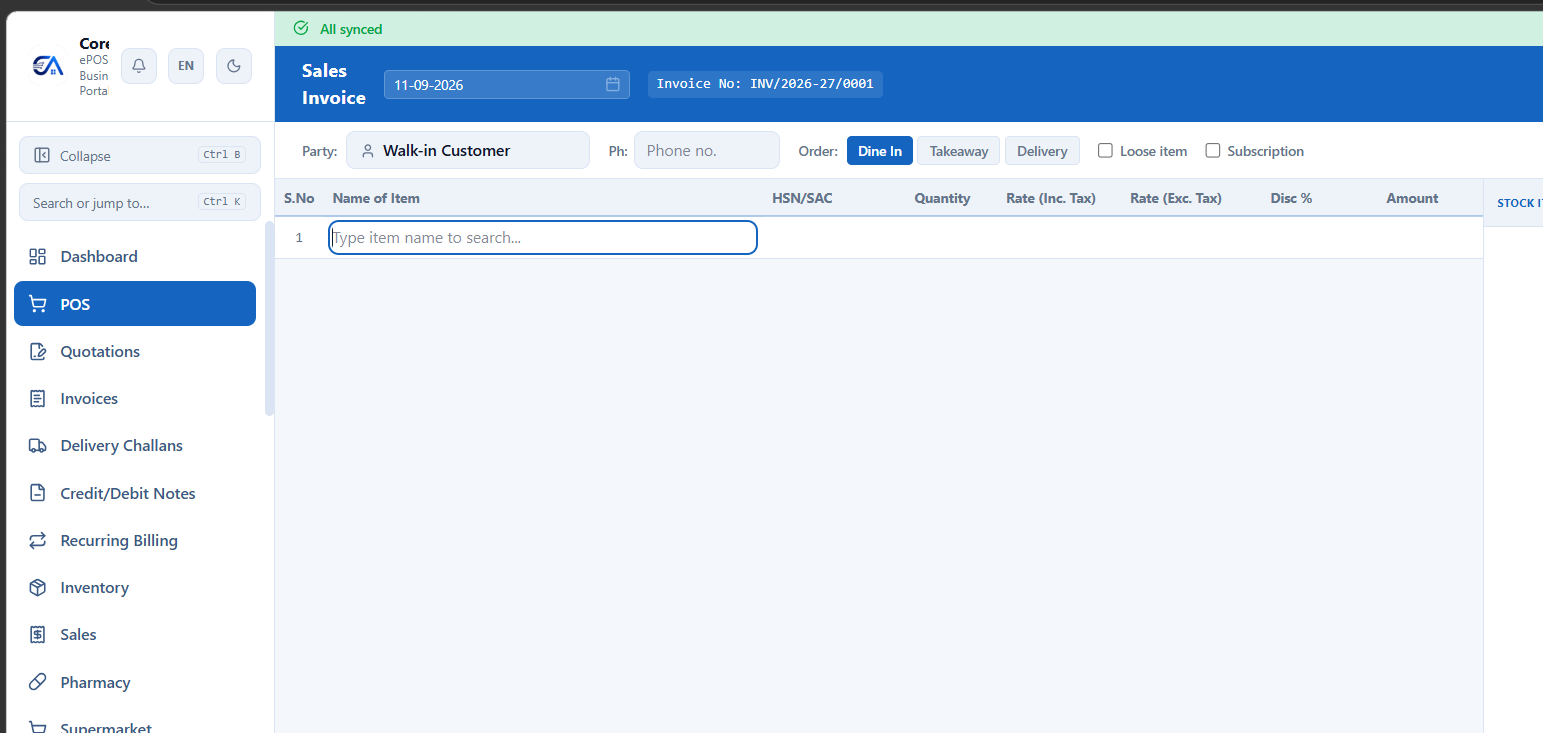 POS screen — create sales invoices with item search, customer selection, and order types