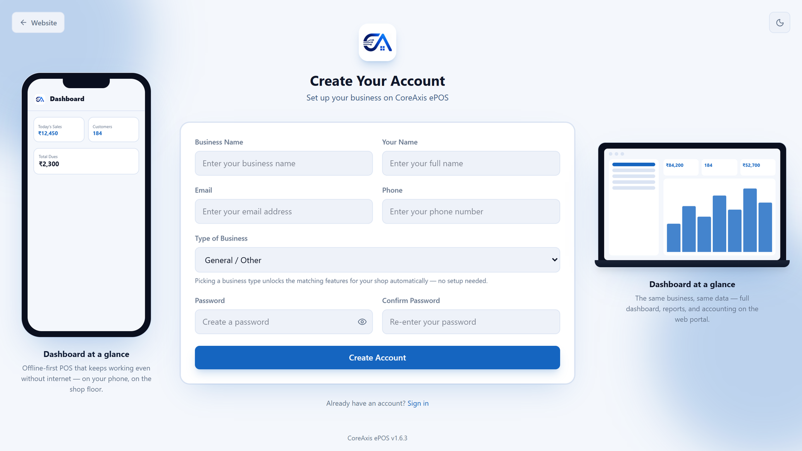 Registration screen — create your CoreAxis ePOS account