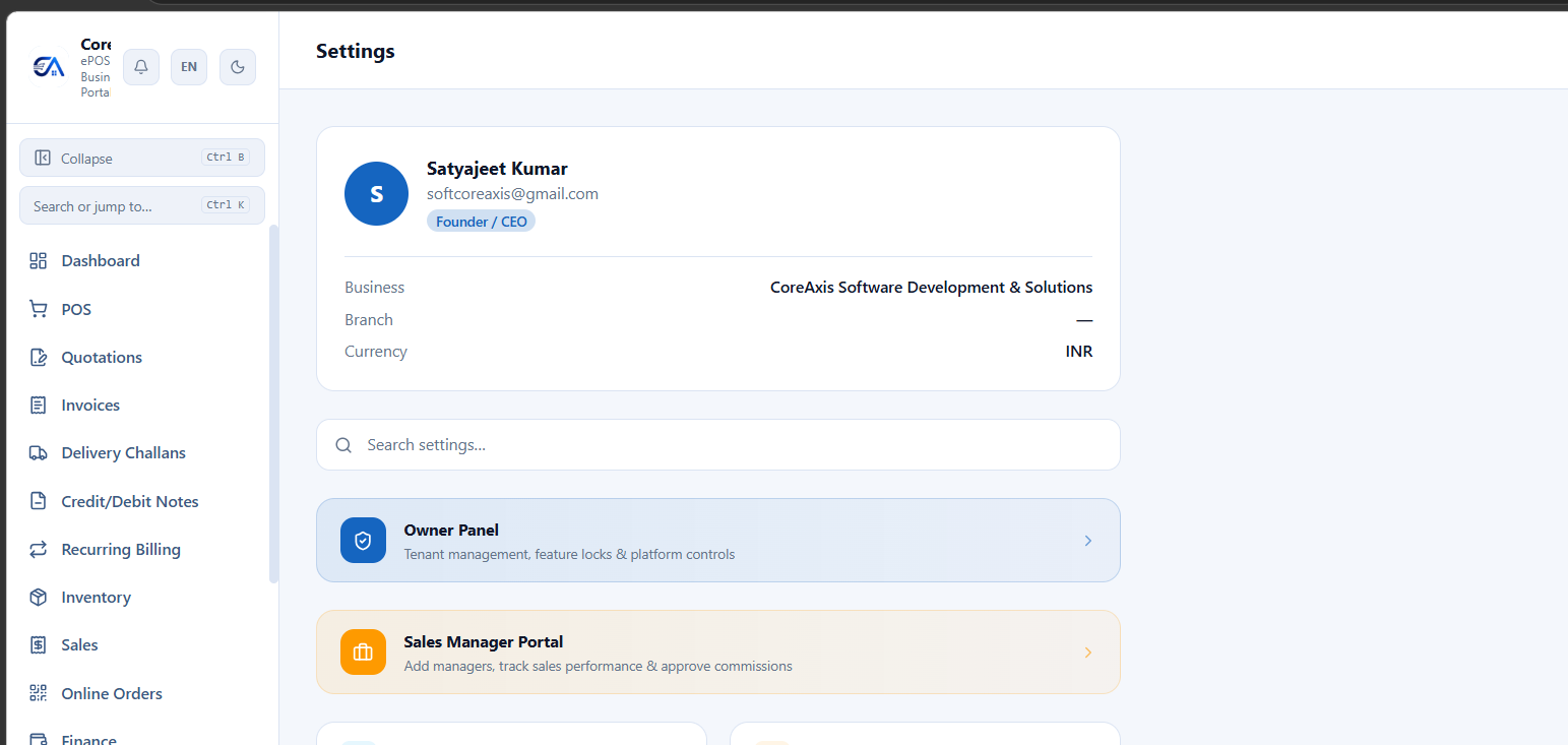 Settings — business profile, team management, billing, and integrations