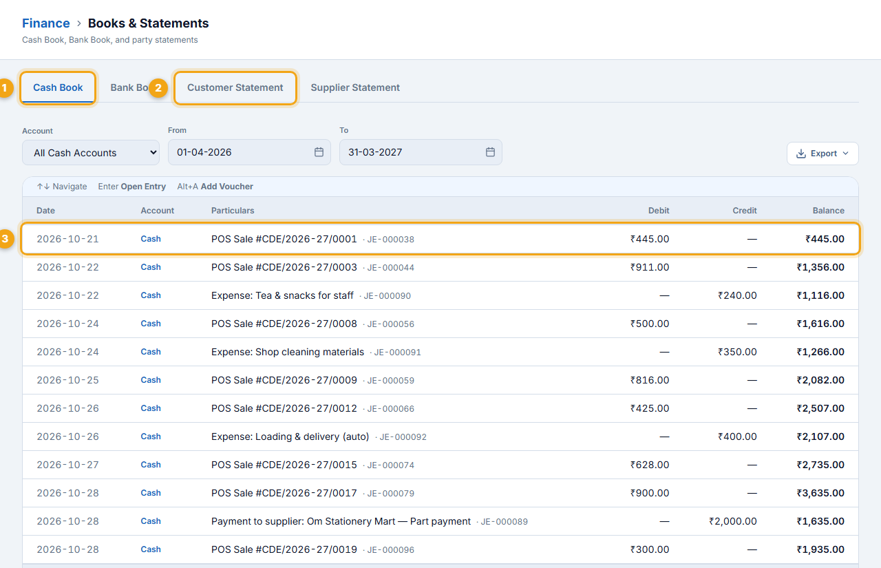 Cash Book — sales, expenses and payments with running balance