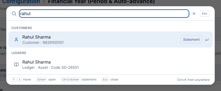 Ctrl+K search — typing “rahul” finds the customer Rahul Sharma