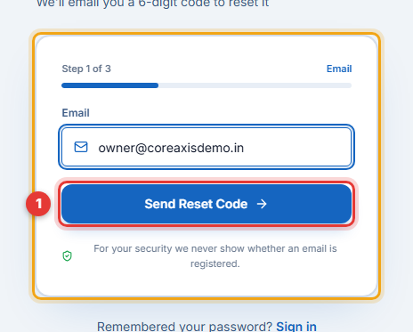 Forgot password — a one-time code is emailed to you