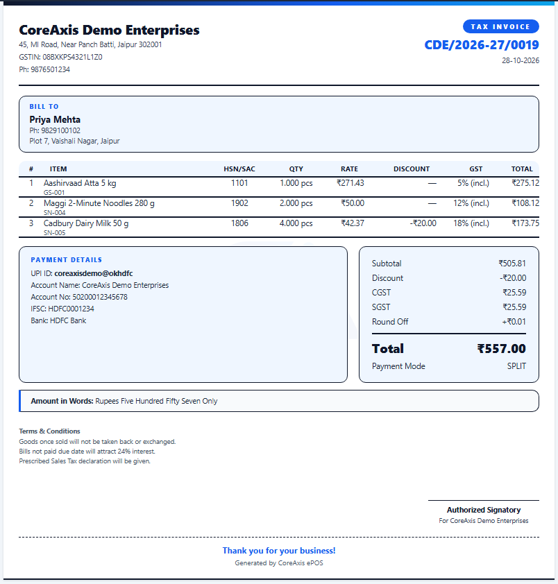 A4 tax invoice with UPI and bank details