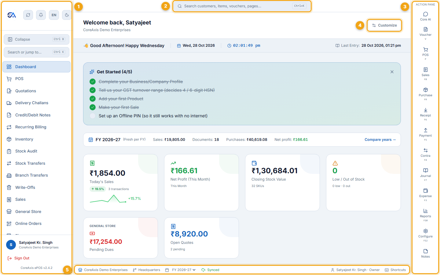 The main layout — CoreAxis Demo Enterprises, Dashboard