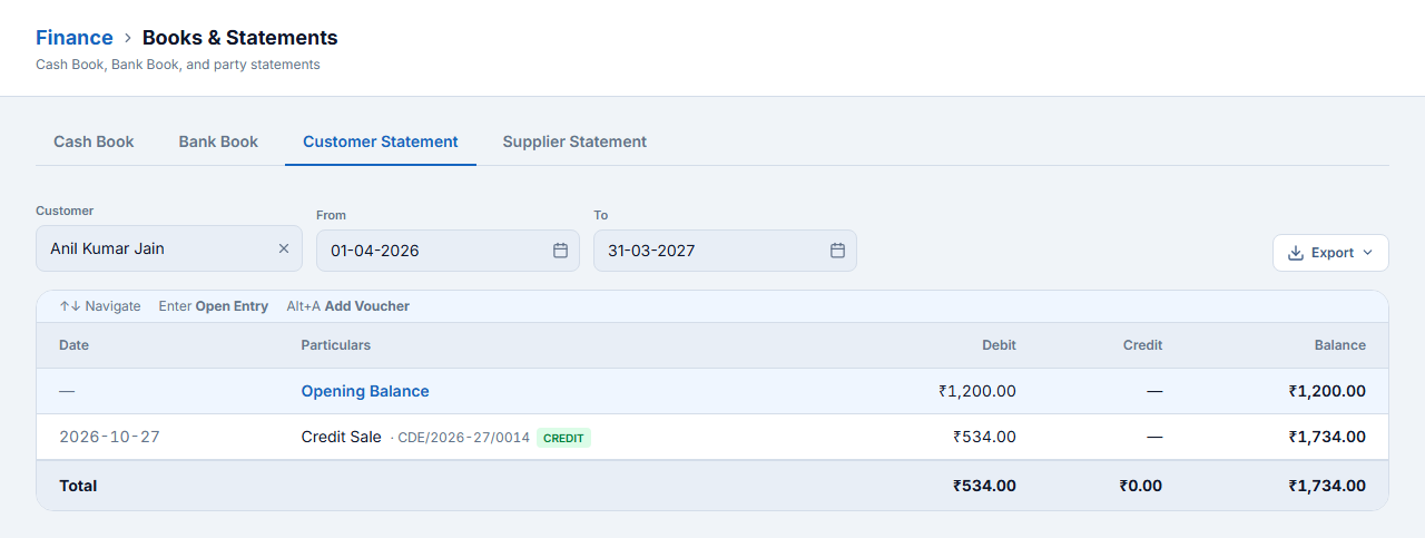 Customer statement — Anil Kumar Jain