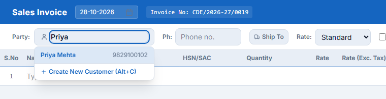 Customer selected — phone filled automatically