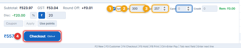 Split ₹300 cash + ₹257 UPI
