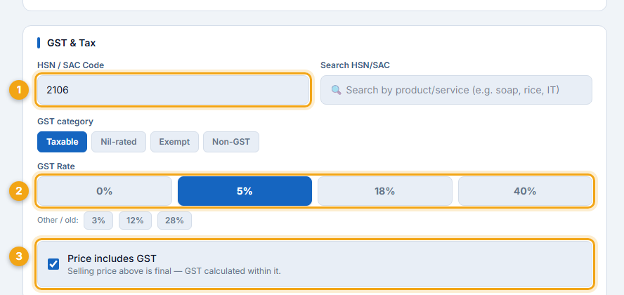 HSN 2106, GST 5%, price includes GST