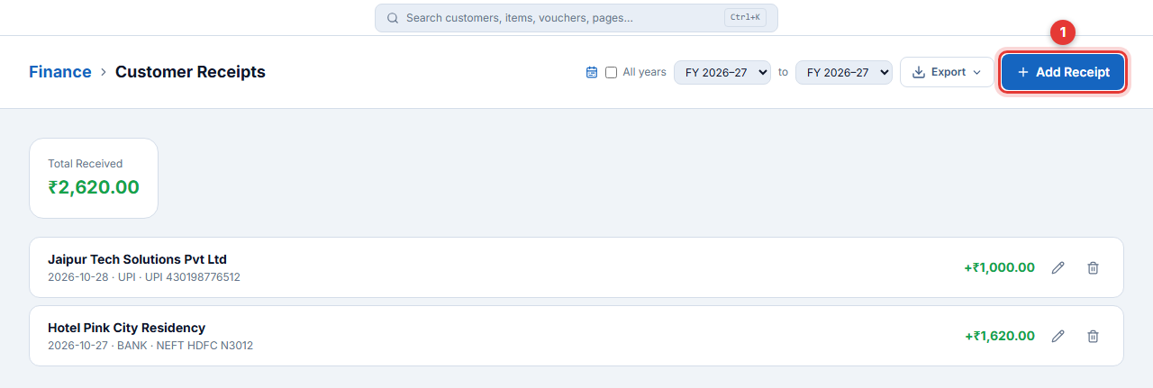 Customer Receipts — ₹2,620 received
