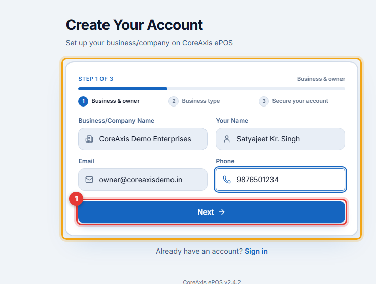 Step 1 of 3 — CoreAxis Demo Enterprises, owner Satyajeet Kr. Singh