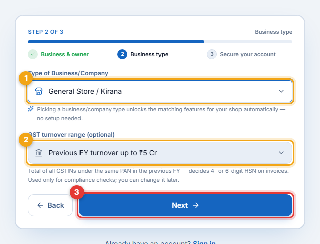 Step 2 of 3 — General Store / Kirana, turnover up to ₹5 crore