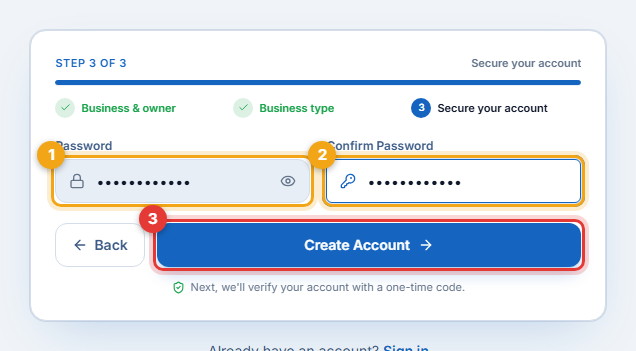 Step 3 of 3 — password and Create Account