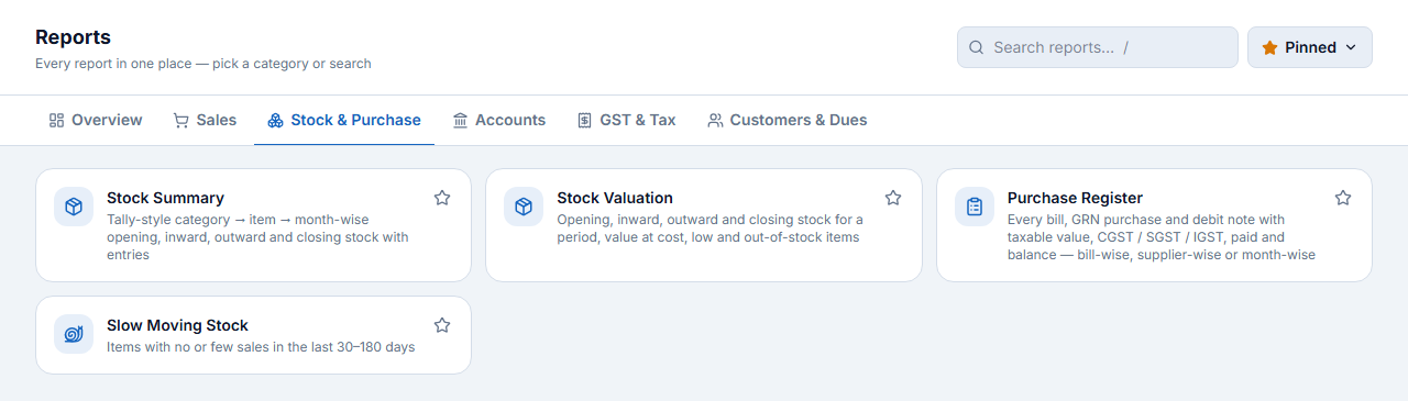 Stock &amp; Purchase reports