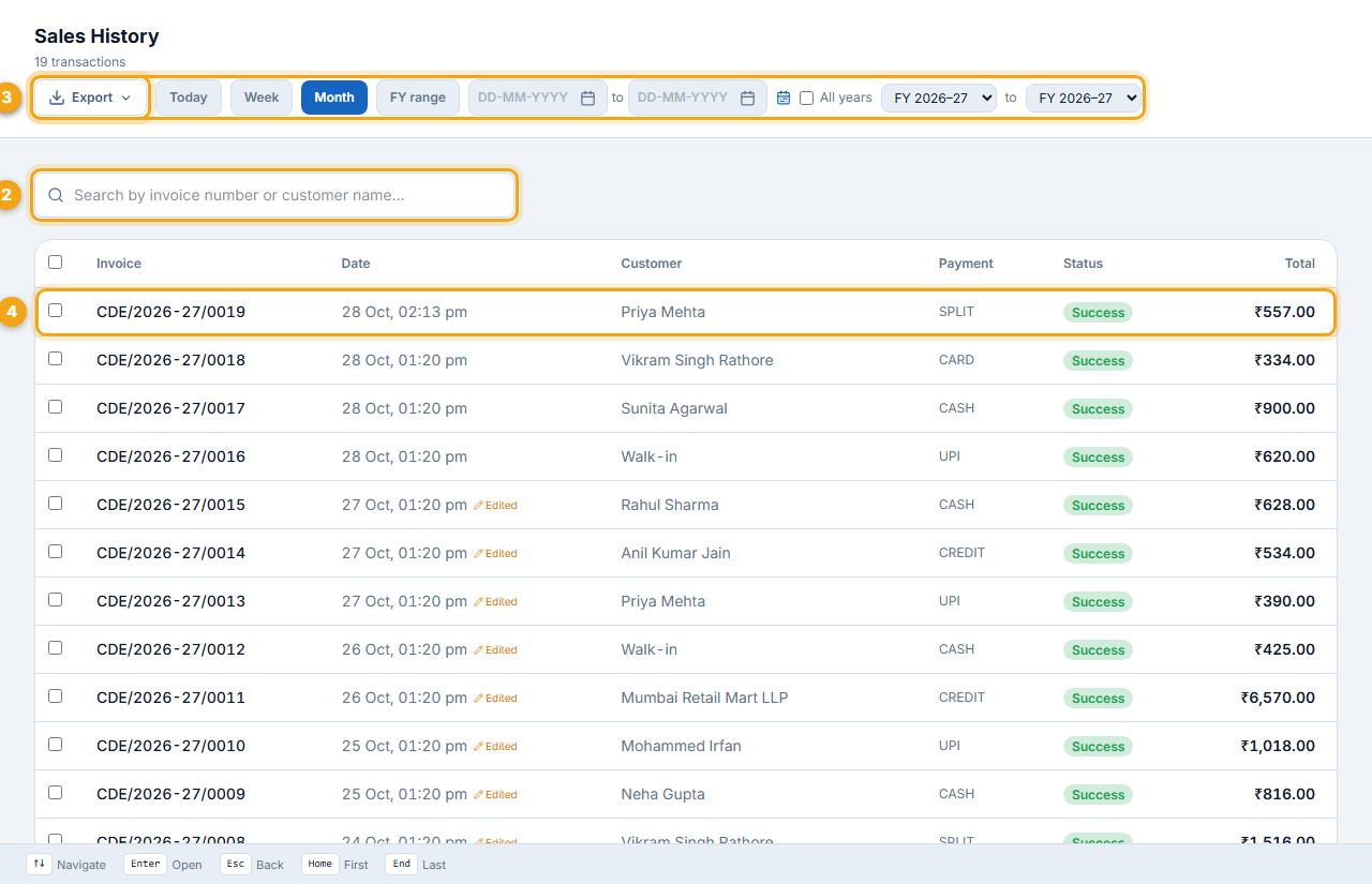 Sales History — this month, 19 bills
