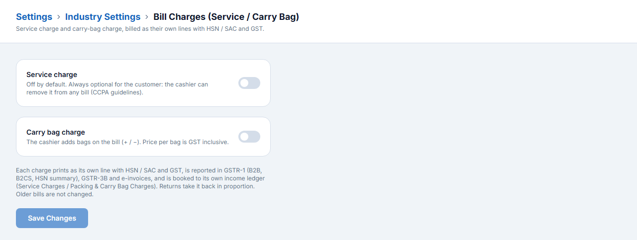 Bill Charges — service charge and carry bag
