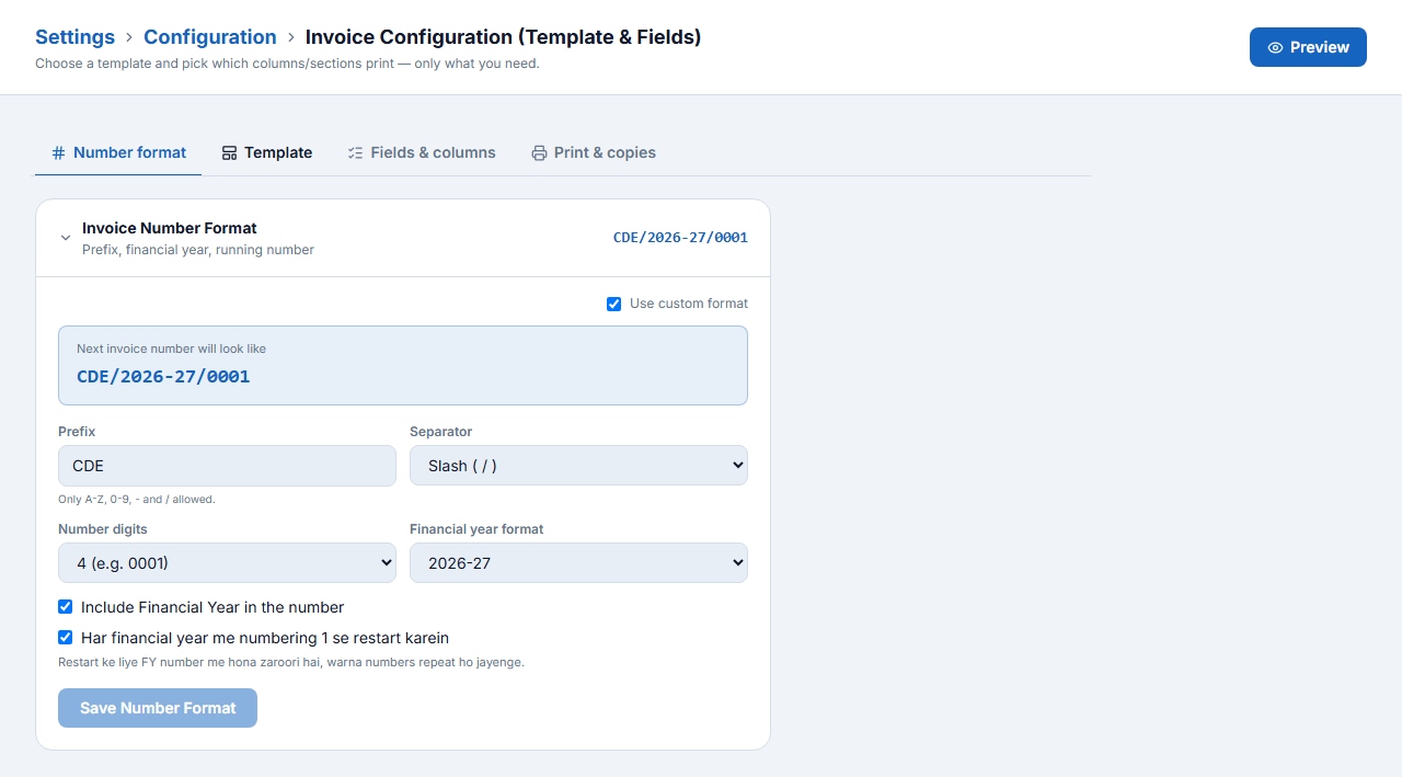 Invoice Number Format — CDE/2026-27/0001