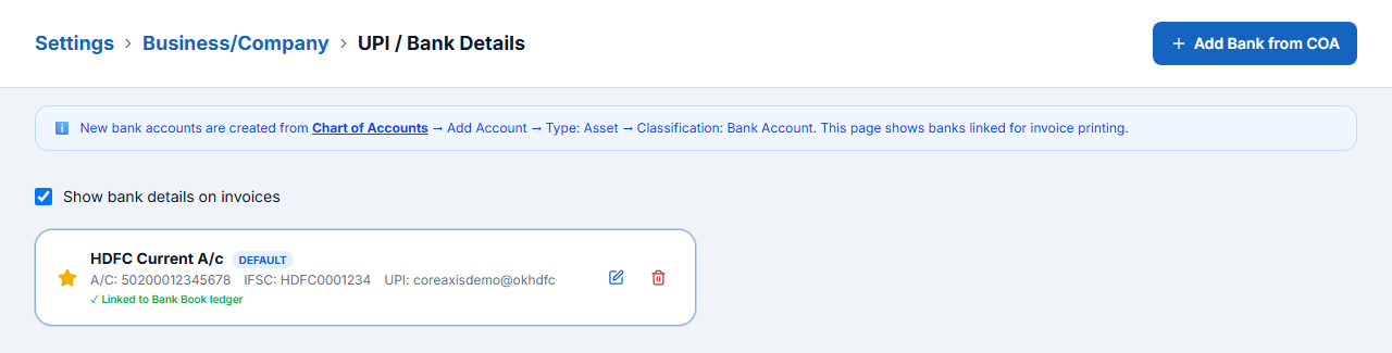 HDFC Current A/c — default, linked to the Bank Book ledger