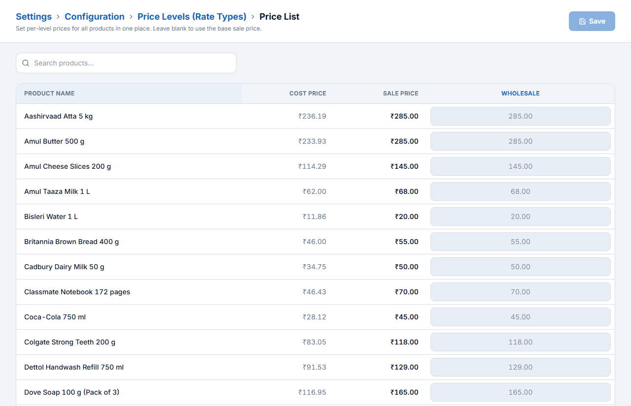 Price List — bulk-edit all items