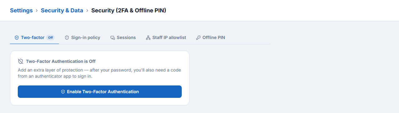 Security page — Two-factor is Off
