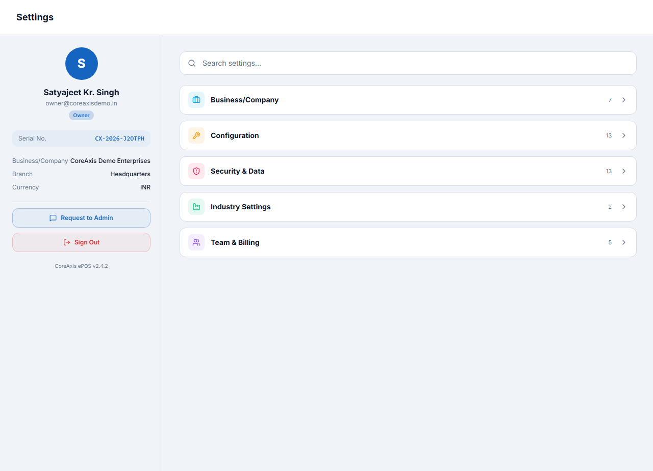 Settings home — five groups