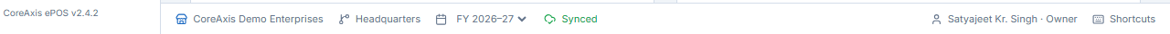 Status bar: business, branch, FY, sync, user
