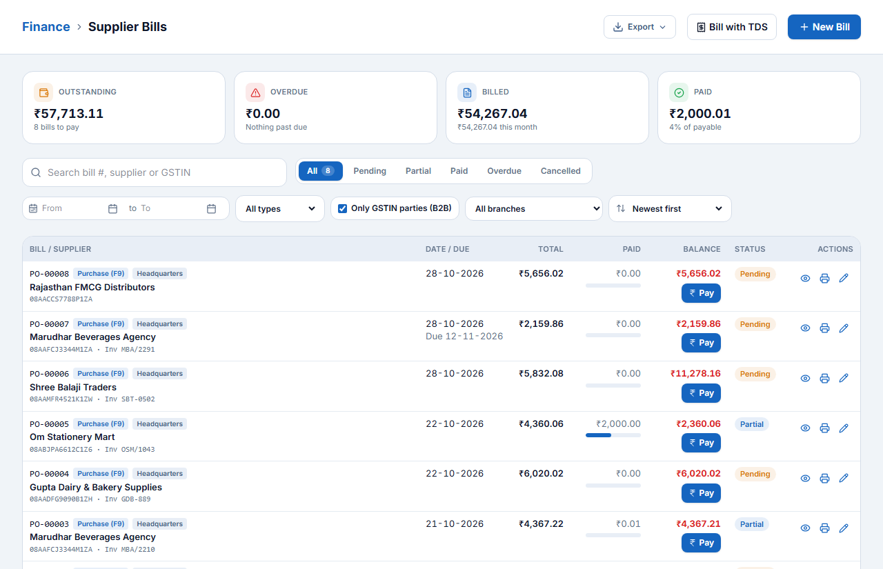 Supplier Bills with Pay buttons