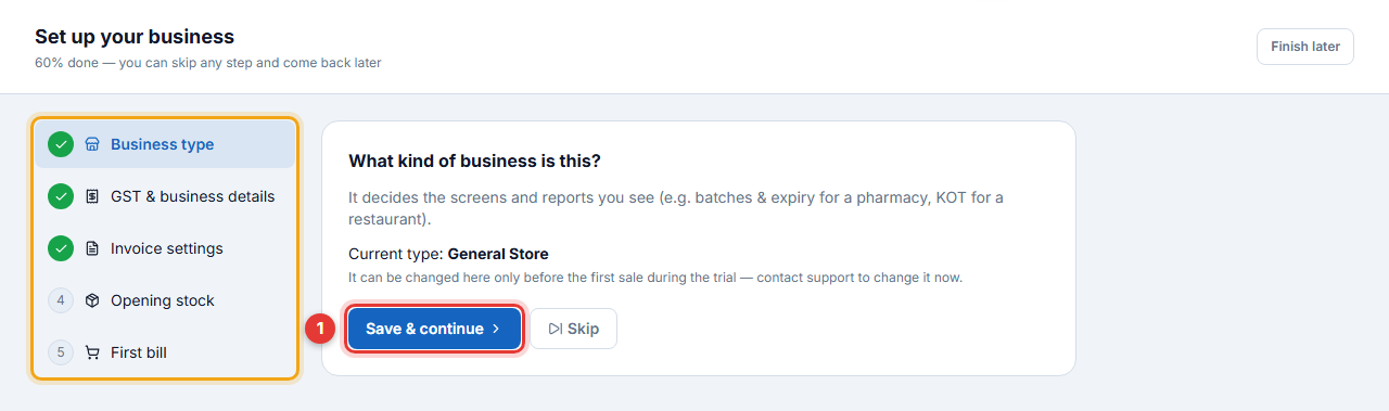 Step 1 — business type
