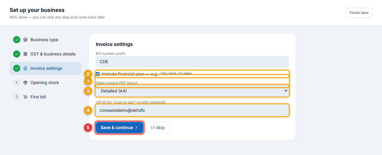Prefix CDE, financial year on, Detailed A4, UPI coreaxisdemo@okhdfc