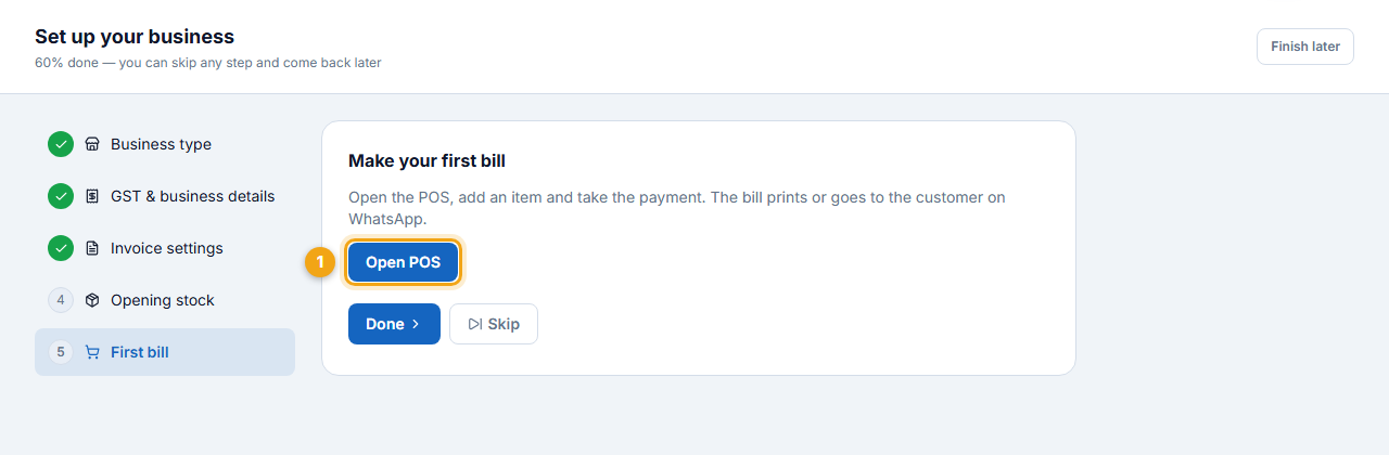 Step 5 — open the POS for the first bill